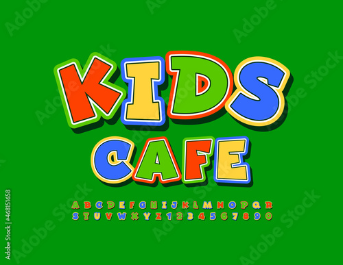 Vector bright logo Kids Cafe with playful Sticker Font. Set of Creative Alphabet Letters and Numbers