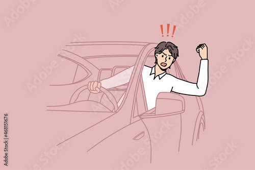 Aggressive man driver scream and shout beep in car on road. Mad male honk in horn swear and yell stuck in traffic jam. Transportation, driving problem concept. Flat vector illustration. 