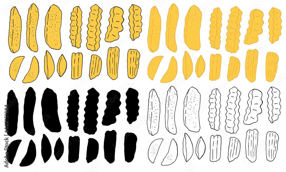 a set of yellow potato slices. Vector set of isolated elements from various types of chips, French fries, rustic, slices, hand-drawn in sketch style with a black line and yellow color on a white backg