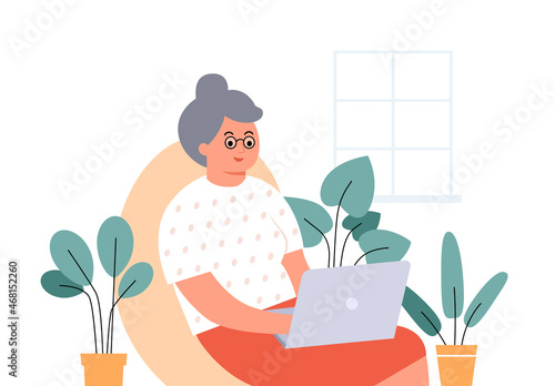 Grandmother with computer. Senior woman with glasses looking at laptop sitting in armchair Vector isolated illustration