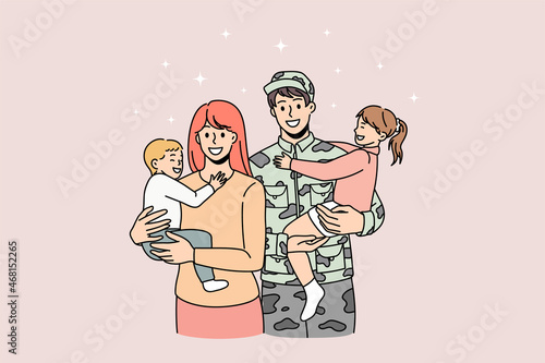 Happy young family meet dad from army excited to be reunited. Smiling military man mother with wife and small children. Serviceman or soldier hug woman and kids. Flat vector illustration. 