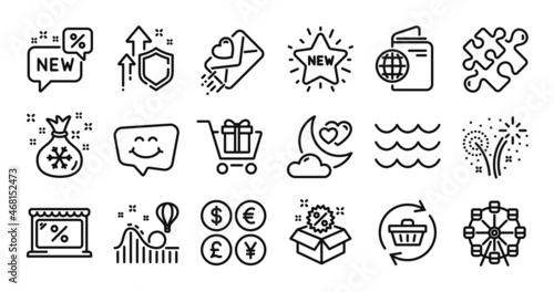 Market, Sale and Santa sack line icons set. Secure shield and Money currency exchange. Shopping cart, Puzzle and New star icons. Fireworks, Refresh cart and Travel passport signs. Vector