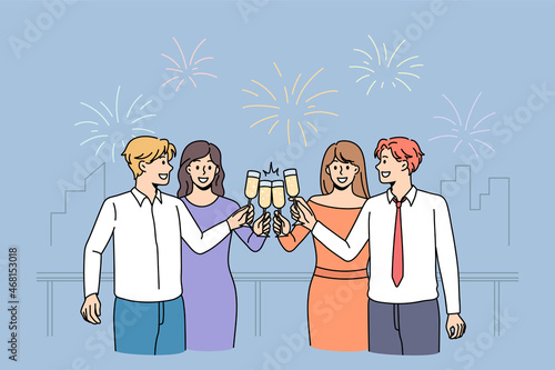Overjoyed diverse young people hold glasses drink champagne cheers celebrate New Year together with fireworks. Happy friends enjoy party or celebration. Merry Christmas concept. Vector illustration. 
