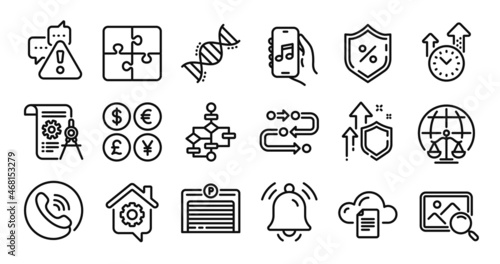 Notification bell, Search photo and Methodology line icons set. Secure shield and Money currency exchange. Time management, Parking garage and Divider document icons. Vector