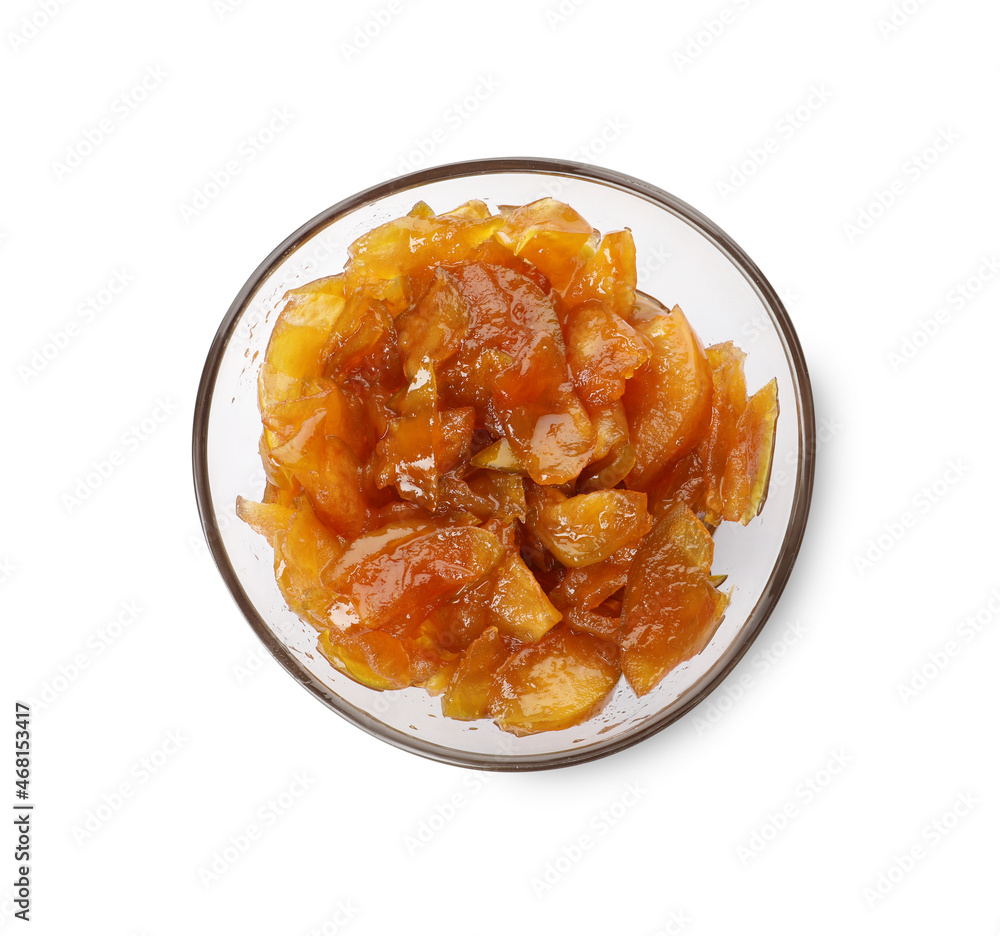 Tasty apple jam in bowl isolated on white, top view Tasty apple jam in bowl isolated on white, top view