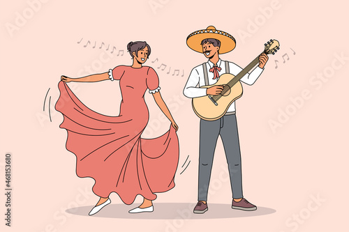 Mexican man and woman in traditional clothes dance to guitar music. Happy Latino people dancers have fun enjoy cultural folk celebration. Fiesta, music festival concept. Flat vector illustration. 