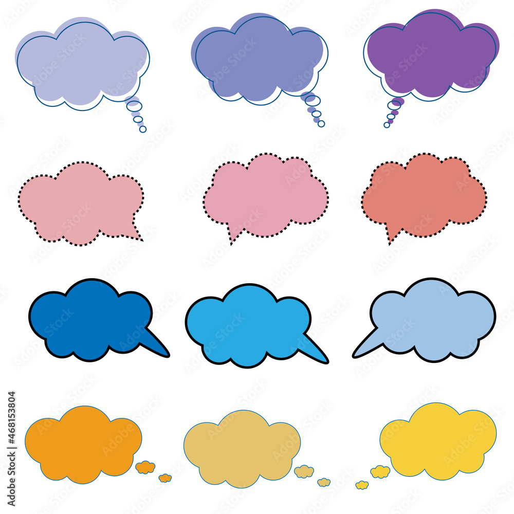 Set of blank colorful speech bubbles, frame talk, chatbox, speak balloon, thinking balloons, border frame, thought on white background Set of blank colorful speech bubbles, frame talk, chatbox, speak balloon, thinking balloons, border frame, thought on white background