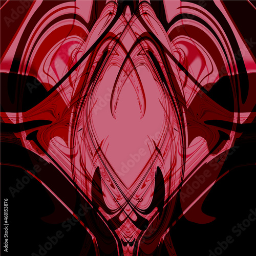 Geometric patterns of the kaleidoscope. An optical illusion. Red, burgundy, pink, black colors. Rich glamorous luxurious background. Retro, vintage, bohemian. Symmetrical abstract illustration.