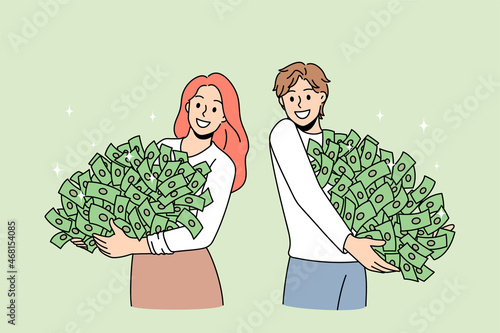 Happy people hold piles of money win lottery get jackpot in game. Smiling man and woman with cash stacks, receive investment. Successful banking, finance concept. Flat vector illustration. 