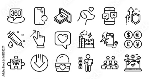 Electricity factory, Phone survey and Pets care line icons set. Secure shield and Money currency exchange. Medical syringe, Download arrow and Touchscreen gesture icons. Vector
