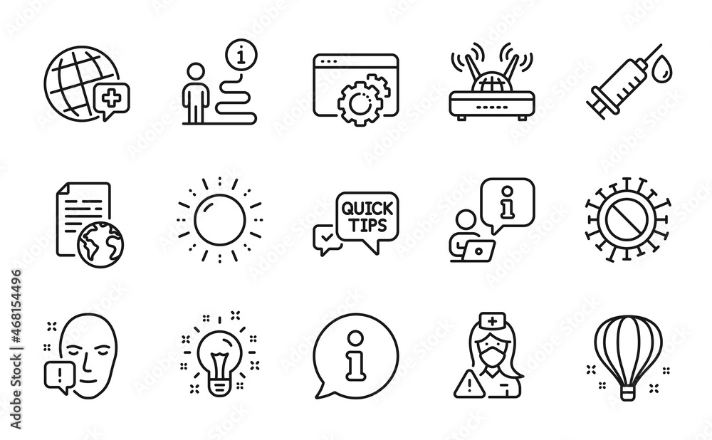 Science icons set. Included icon as Idea, Face attention, Air balloon signs. Sun energy, Nurse, Wifi symbols. Internet document, Quick tips, Coronavirus. World medicine, Medical syringe. Vector Science icons set. Included icon as Idea, Face attention, Air balloon signs. Sun energy, Nurse, Wifi symbols. Internet document, Quick tips, Coronavirus. World medicine, Medical syringe. Vector