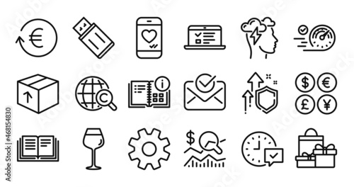 Usb flash, Exchange currency and Education line icons set. Secure shield and Money currency exchange. Service, International Ð¡opyright and Bordeaux glass icons. Vector