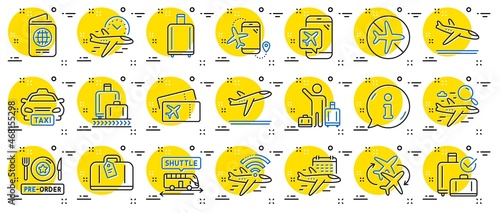 Airport line icons. Boarding pass, Baggage claim, Arrival and Departure. Connecting flight, tickets, pre-order food icons. Passport control, airport baggage carousel, inflight wifi. Vector