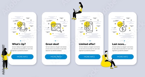 Set of Business icons, such as Search photo, Flight mode, Flight destination icons. UI phone app screens with people. Money bag line symbols. Find image, Airplane mode, Airplane trip. Vector
