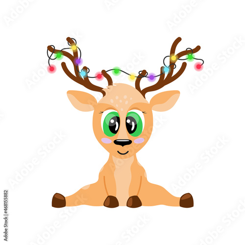 Cute Christmas cartoon deer with glowing garland on horns sitting and smiling. Cheerful fawn isolated. Vector illustration