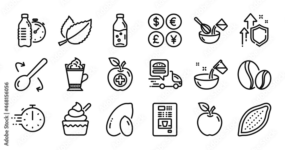 Apple, Cooking water and Cooking whisk line icons set. Secure shield and Money currency exchange. Water bottle, Food delivery and Cocoa nut icons. Vector