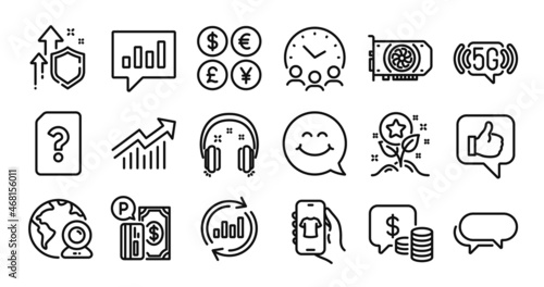 5g wifi, Unknown file and Update data line icons set. Secure shield and Money currency exchange. Shop app, Headphones and Loyalty points icons. Gpu, Video conference and Demand curve signs. Vector