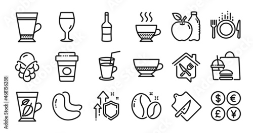 Coffee beans, Doppio and Ice cream line icons set. Secure shield and Money currency exchange. Cocktail, Beer glass and Takeaway coffee icons. Cashew nut, Latte and Food delivery signs. Vector