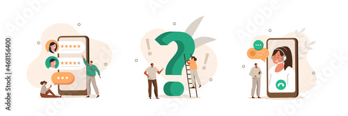 Customer support illustration set. Characters asking a questions, receiving answers from helpdesk operator, sharing user experience and giving customer feedback. Vector illustration.
