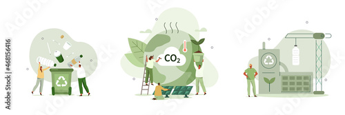 Environmental protection illustration set. Characters collecting plastic trash into recycling garbage bin, trying to reduce CO2 emission, working in green recycling industry. Vector illustration.