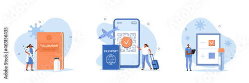 Travel in pandemic illustration set. Characters showing vaccination passport, digital vaccination certificate with qr code and negative coronavirus test.  Vector illustration.