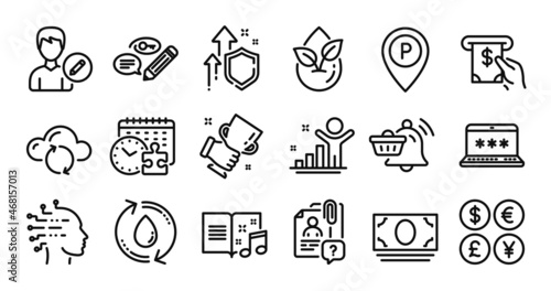 Puzzle time, Atm service and Winner line icons set. Secure shield and Money currency exchange. Refill water, Parking and Notification cart icons. Vector