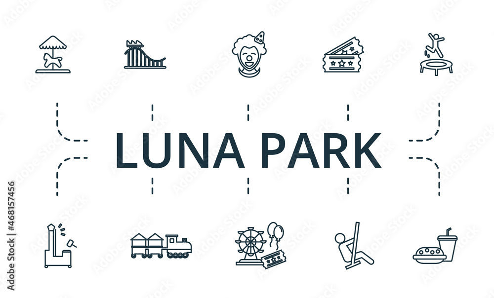 Luna Park icon set. Collection of simple elements such as the child train, castle, 13, tickets, roller coaster, fastfood.