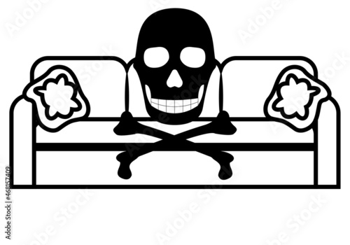 La vida sedentaria es muerte. Símbolo de la calavera sobre el  símbolo o icono de sofá de tres plazas con dos cojines en trazo negro sobre fondo blanco