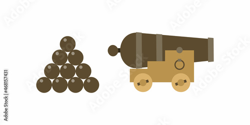 Ancient pirate cannon mounted on a lofet, cannonballs. Vector illustration in a flat style.