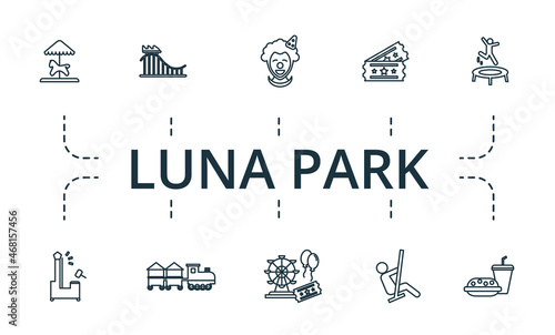 Luna Park icon set. Collection of simple elements such as the child train, castle, 13, tickets, roller coaster, fastfood.