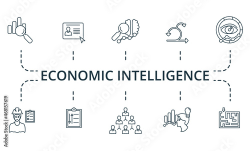 Economic Intelligence icon set. Collection of simple elements such as the crm, business intelligence, media plan, concentration, personal growth, debate, corporate responsibility.