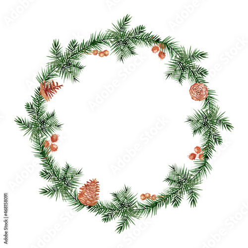 Isolated watercolor Christmas wreath hand drawn on white background