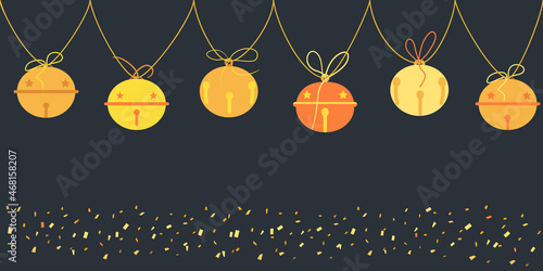 Christmas bells are hung on a ribbon in a row. Seamless pattern for creating xmas cards, invitations, congratulations. Golden glitter border. Festive frame template with place for text. Jingle bells