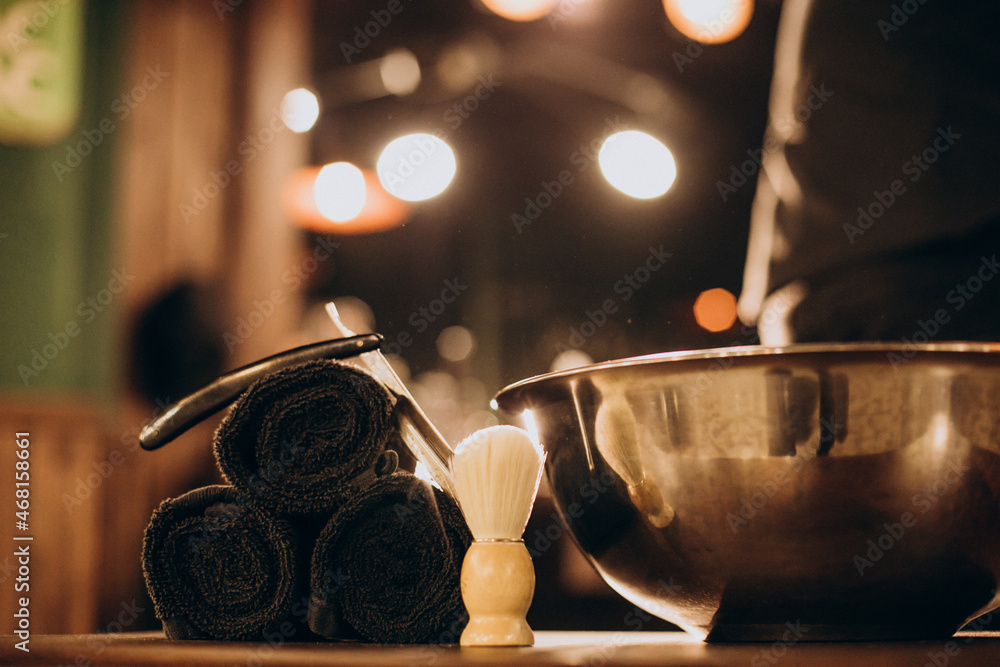 Towels with barber shop tools on the tabel Stock Photo Adobe Stock