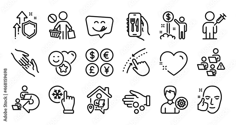 Donation money, Teamwork and People vaccination line icons set. Secure shield and Money currency exchange. Smile, Delegate work and Support icons. Vector
