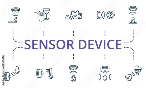 Sensor Device icon set. Collection of simple elements such as the water quality sensor, color sensor, gas sensor, rain sensor, light sensor, water sensor.