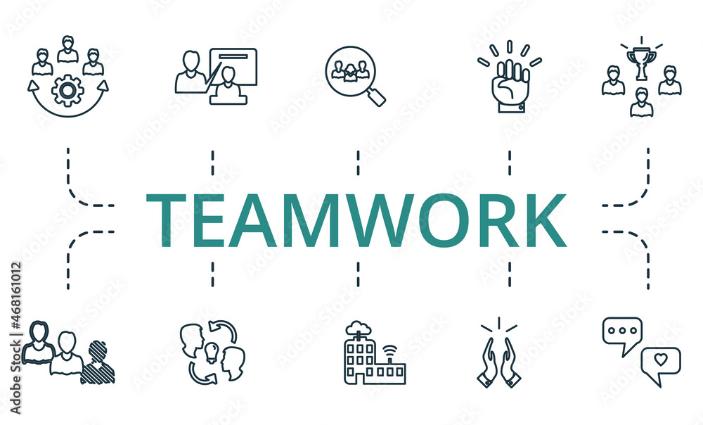 Teamwork icon set. Collection of simple elements such as the focus group, team building, career, succes, profit, teamwork, solution.