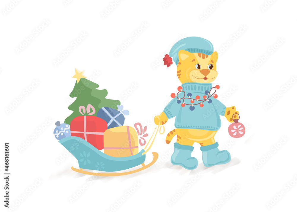 The character of a cute tiger on the numbers of the year 2022. New Year tiger in Santa hat. Chinese new year symbol. cute tiger with gifts. Cartoon illustration. isolated background The character of a cute tiger on the numbers of the year 2022. New Year tiger in Santa hat. Chinese new year symbol. cute tiger with gifts. Cartoon illustration. isolated background