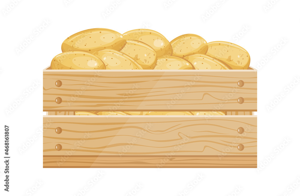 Box of potatoes. Pile of raw potatoes in wooden crate for greengrocer market, cartoon vector illustration Box of potatoes. Pile of raw potatoes in wooden crate for greengrocer market, cartoon vector illustration