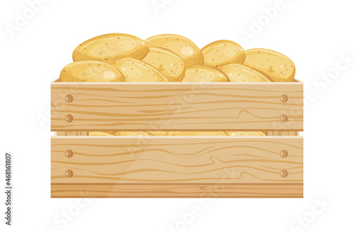 Box of potatoes. Pile of raw potatoes in wooden crate for greengrocer market, cartoon vector illustration
