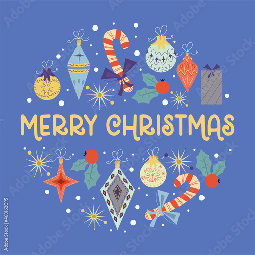 Christmas round vintage design with Merry Christmas text.Retro colors for decorations, balls, gifts, holly. Round cover composition with snowflakes in flat style. Vector illustration
