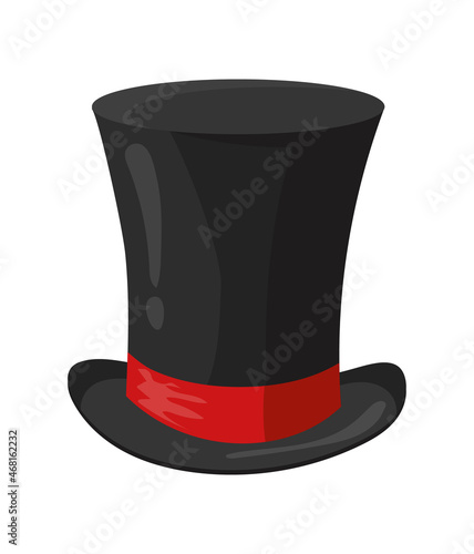 Cartoon black top hat. Headwear of bucket shape, male cylinder, vector illustration