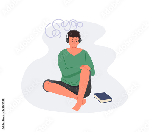 Alone introvert on headphones. Teenager listening sad music, vector