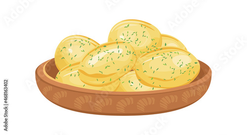 Boiled potatoes on plate. Bowl potato, vegan dishes, cooked products, set vector illustration