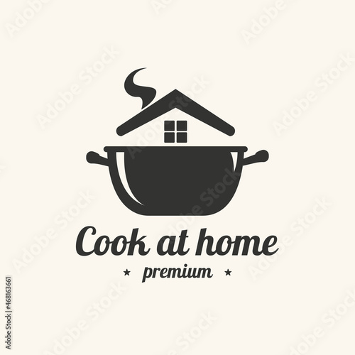 Cooking at home logotype with pot and house. Vector illustration.