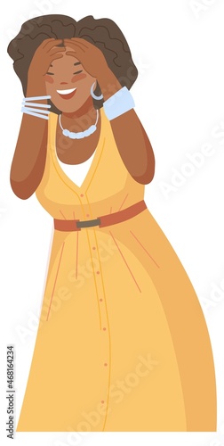 African girl laughing. Giggle people, stand adult giggling beautiful woman, cartoon funny character, loud joke, person lol, vector illustration