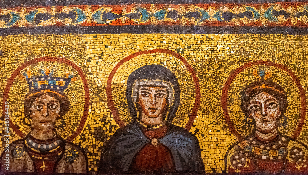 Close-up on religious mosaic portraiting Virgin Mary and other two catholic female saints Close-up on religious mosaic portraiting Virgin Mary and other two catholic female saints