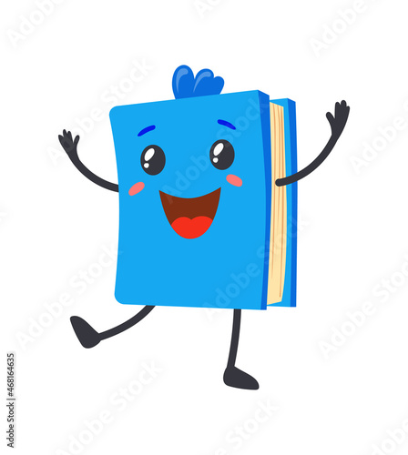 Blue textbook characters. Emoji happy book with eyes, answer on cover, cartoon icon vector illustration