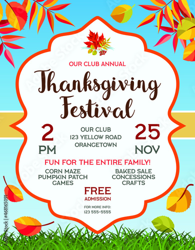 Thanksgiving festival announcing poster template with autumn leaves falling to green grass.