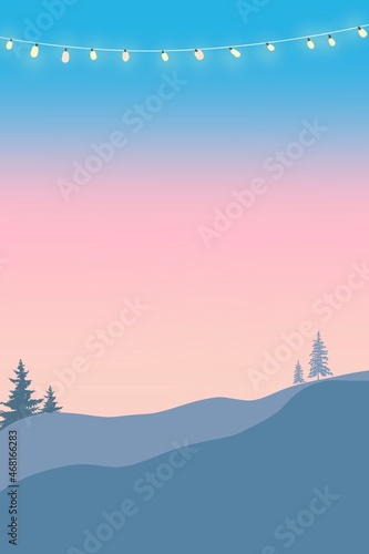 Sky blue and pink gradient with mountain view trees and light bulbs  Concept  landscape  travel  winter  city  snow  camping  wallpaper  portfolio  advertisement  night